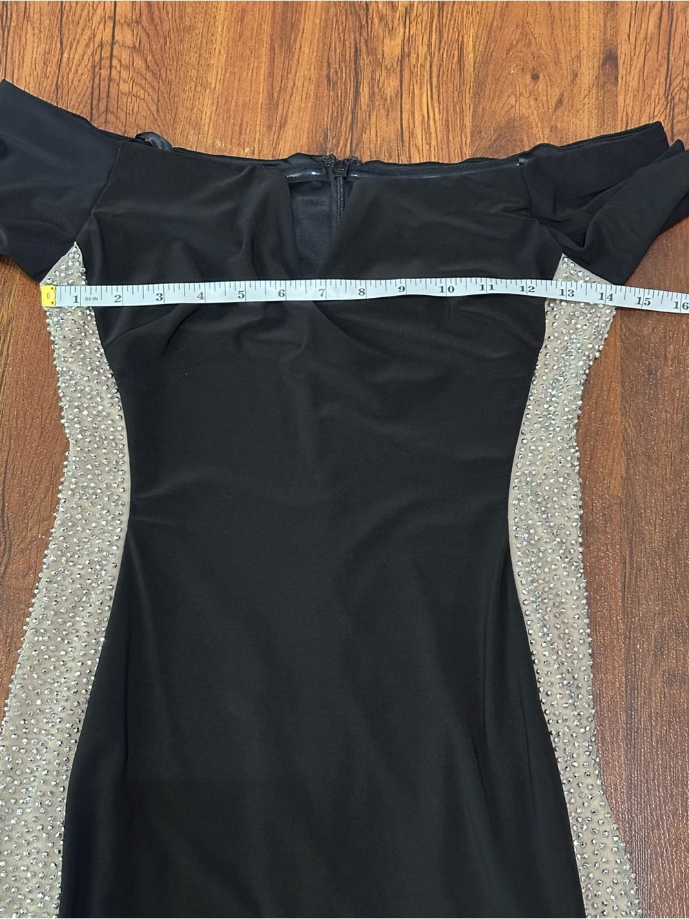 Xscape Black Off-Shoulder Long Sleeve Gown Crystal Embellishment Side Panels - Picture 12 of 16